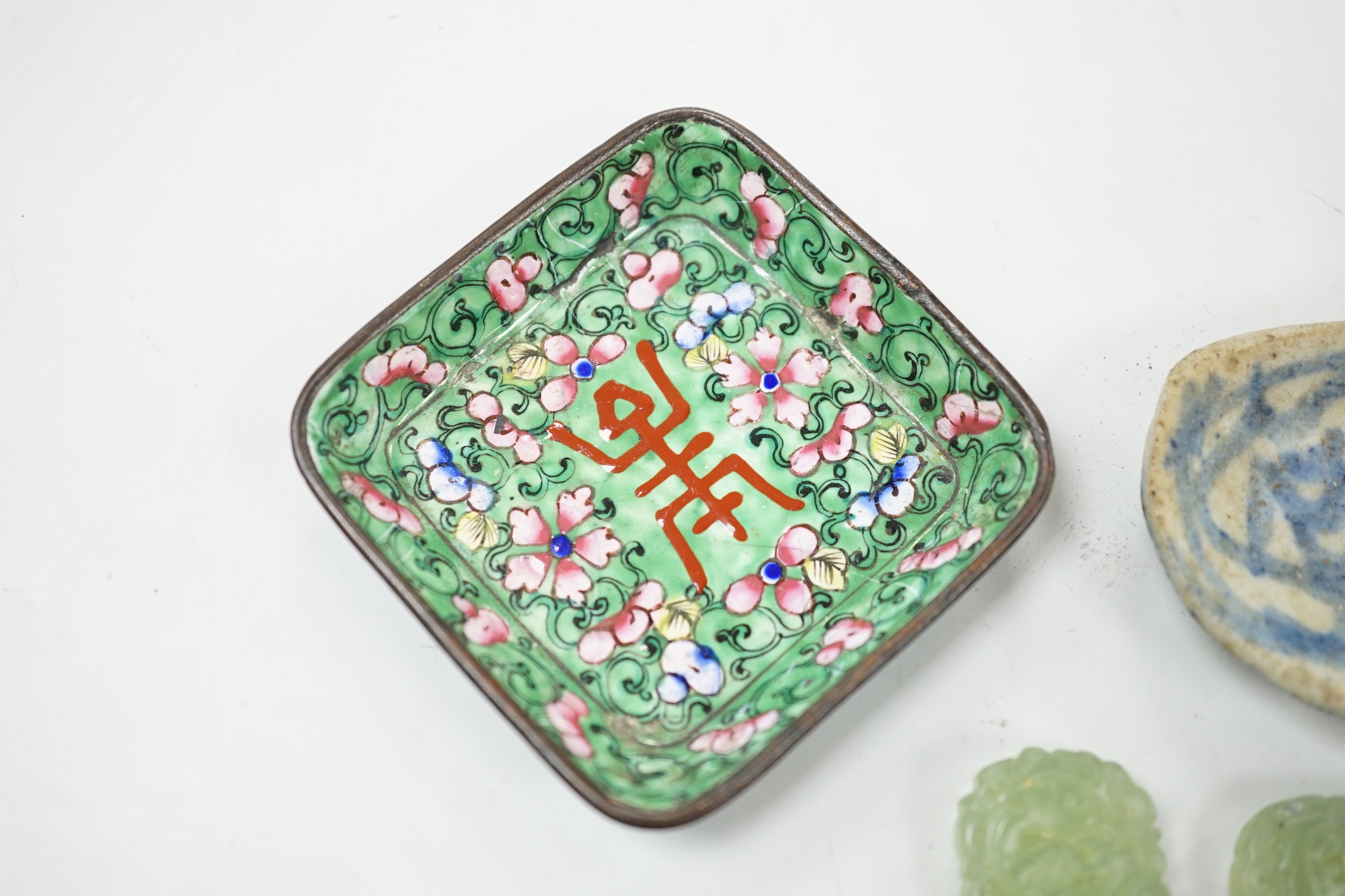 Four Chinese jade items, a pottery spoon, napkin ring and enamel dish, dish 6.5cm wide